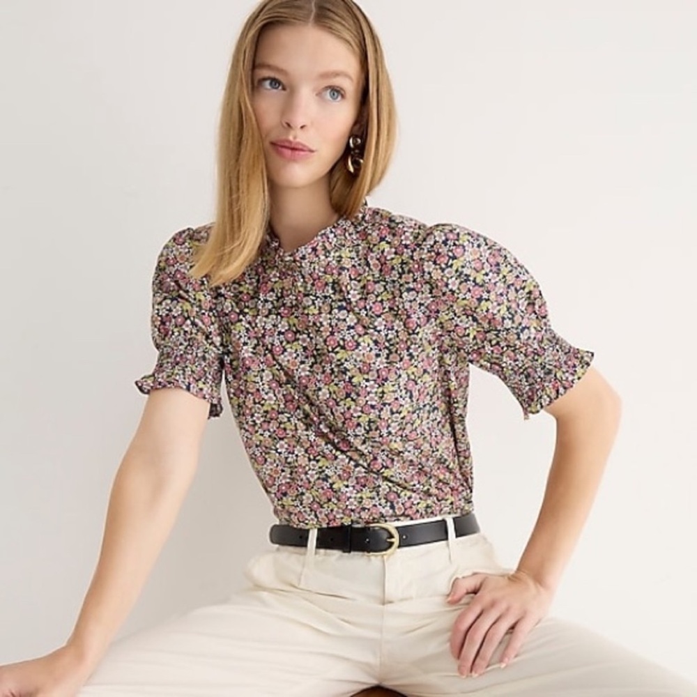 J. Crew Smocked Cotton Poplin Puff-sleeve Top in Meadow Floral, sz XSS